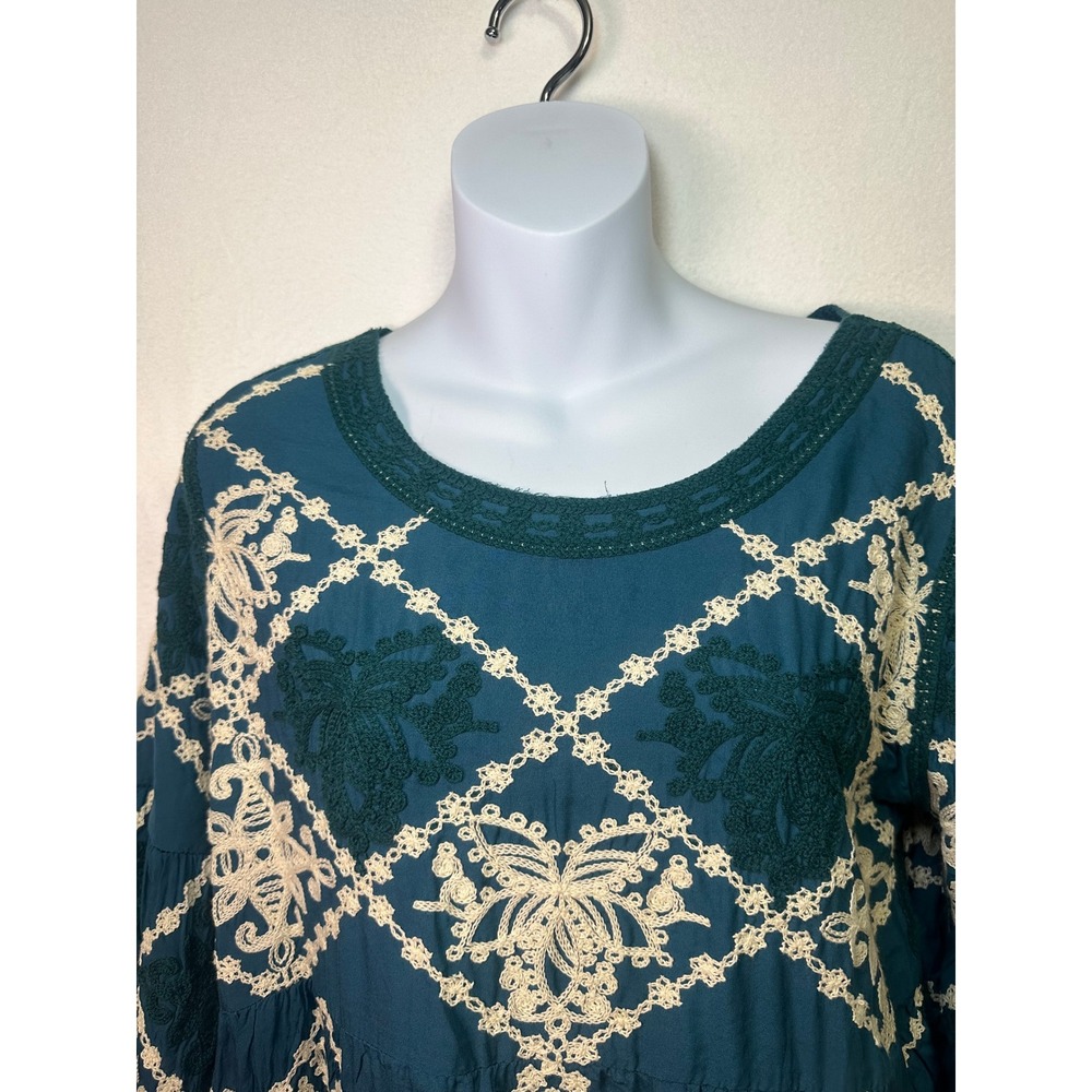 Anthropologie Kindred Womens Teal Embroidered Bell Sleeve Scalloped Blouse MD - Picture 6 of 10